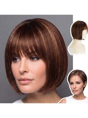 Women's Caramel Brown 12 Inch Heat Resistant Realistic Short Blonde Wig Bangs